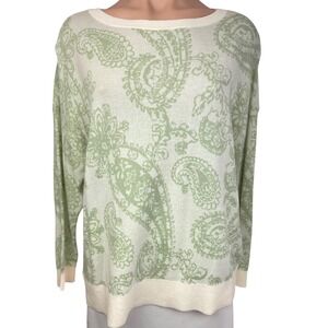 Loft Pullover Sweater Size M White w Green Pattern 3/4 Sleeve 100% Cotton